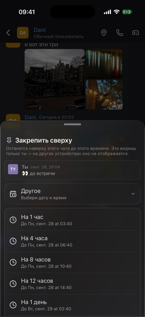 Скриншот приложения mssgs: «Закрепить сверху»: видно только вам