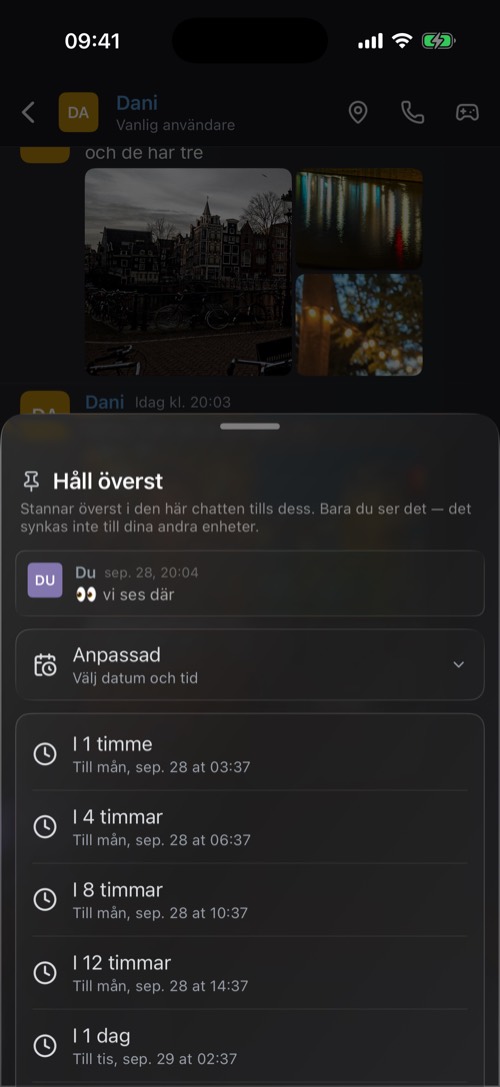 Skärmbild från mssgs-appen: Håll överst: bara du ser det