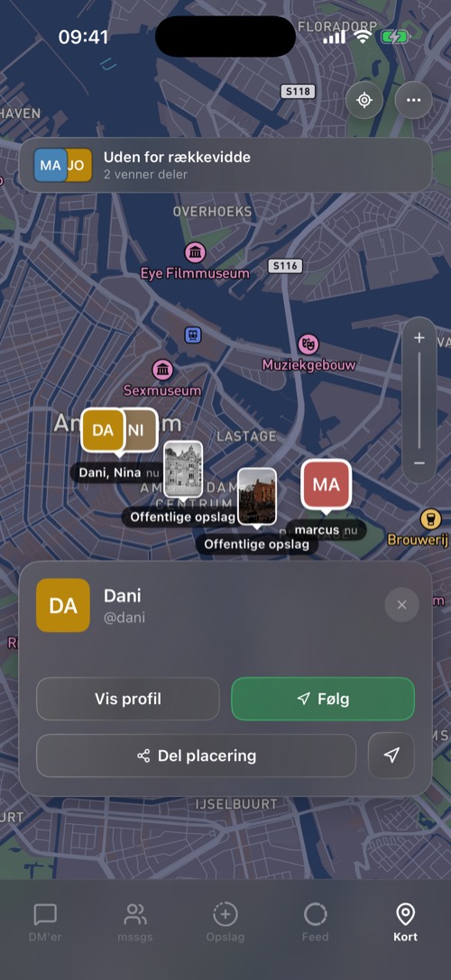 Kortet med venner, offentlige opslag og et vennekort for Dani