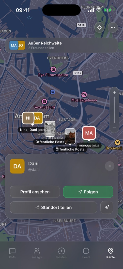 Die Karte mit Freunden, öffentlichen Beiträgen und der Infokarte von Dani