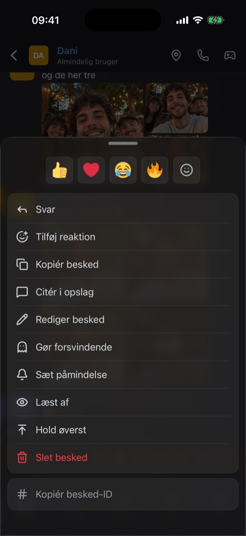 Arket med muligheder, der åbner, når du holder på en besked