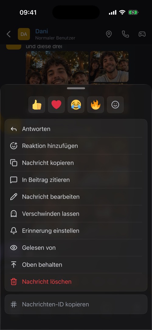 Das Optionsfenster, das sich öffnet, wenn du eine Nachricht gedrückt hältst