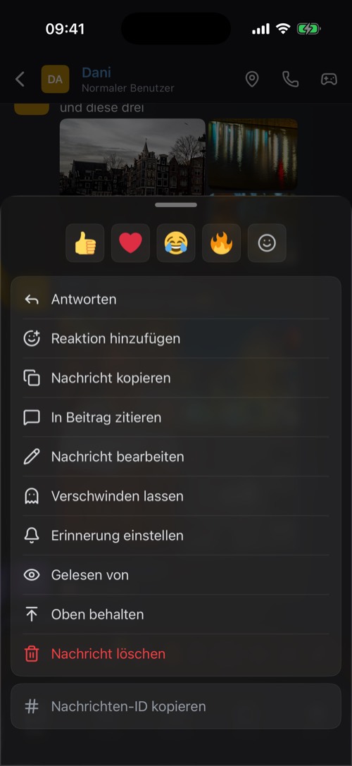 Screenshot der mssgs-App: Halt eine Nachricht gedrückt für ihre Optionen