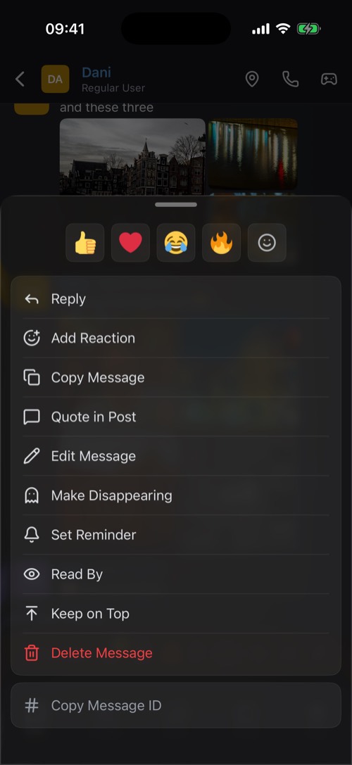 Screenshot of the mssgs app: Hold a message for its options