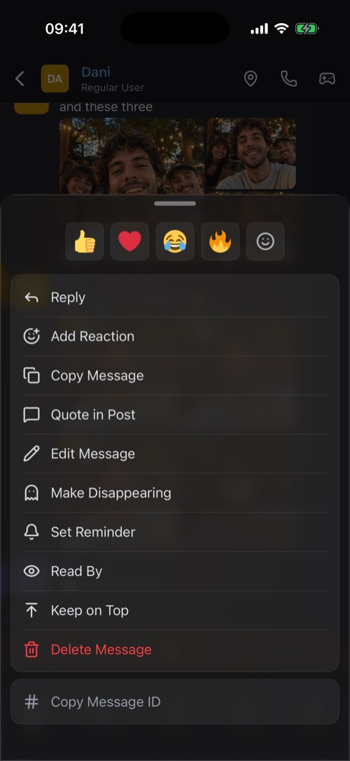 The options sheet that opens when you hold a message