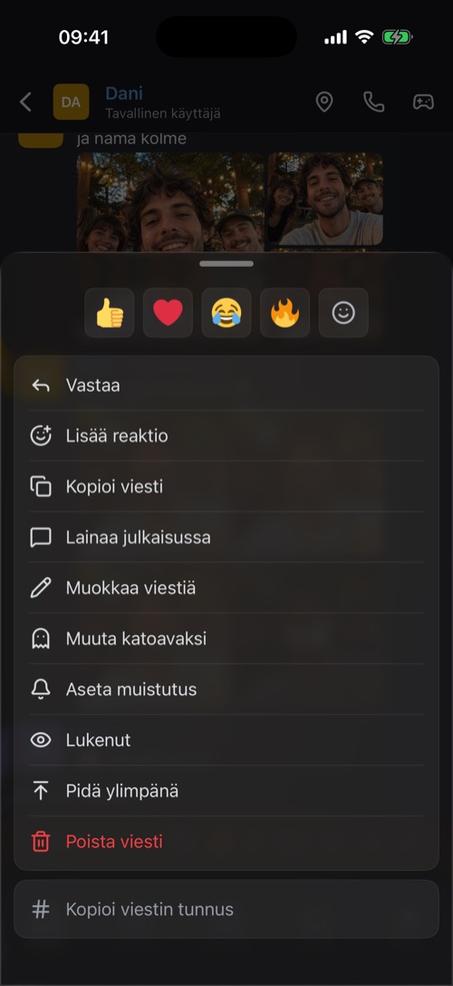 Vaihtoehdot, jotka avautuvat, kun pidät viestiä painettuna