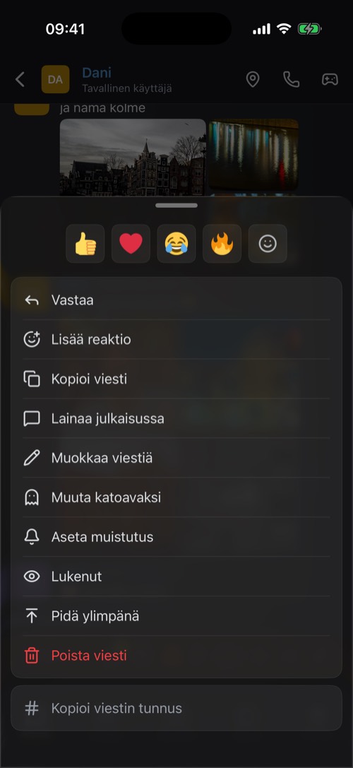 Kuvakaappaus mssgs-sovelluksesta: Pidä viestiä painettuna, niin sen vaihtoehdot avautuvat