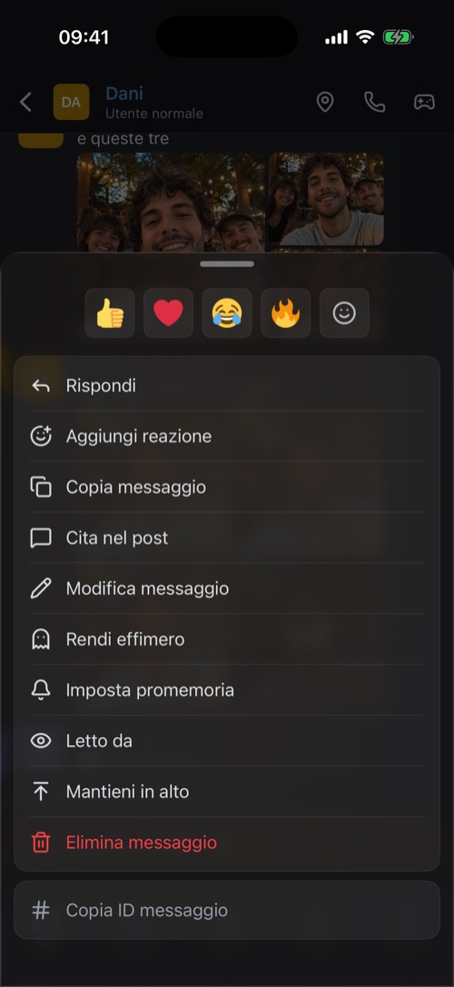 Il pannello di opzioni che si apre quando tieni premuto un messaggio