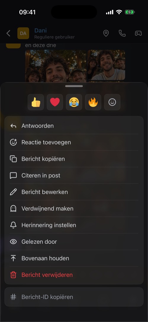 Het optievenster dat opent als je een bericht vasthoudt