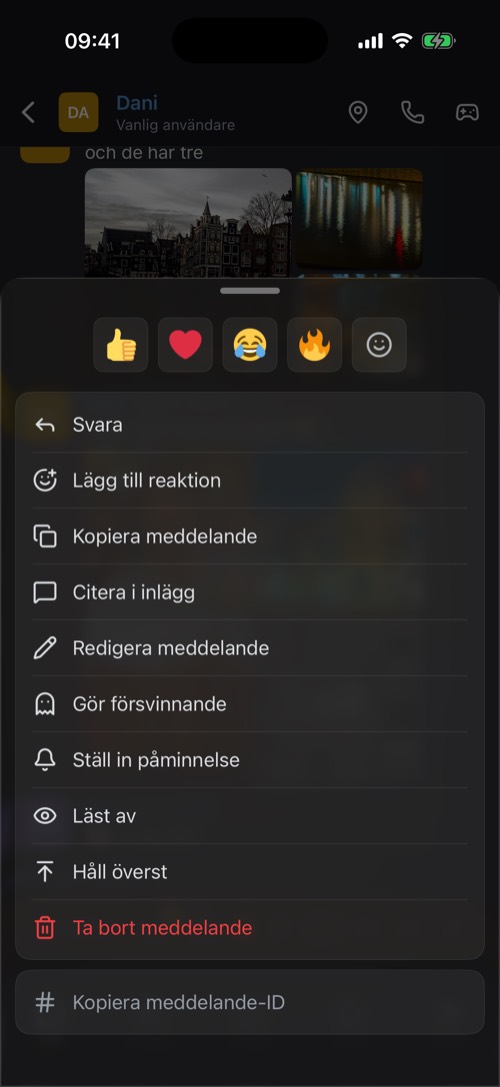 Skärmbild från mssgs-appen: Håll in ett meddelande för dess alternativ