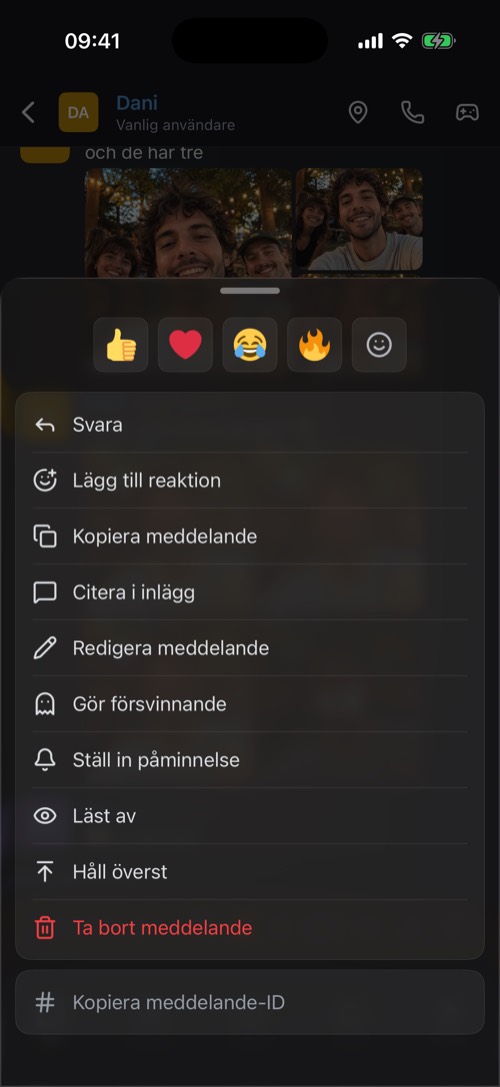Bladet med alternativ som öppnas när du håller in ett meddelande