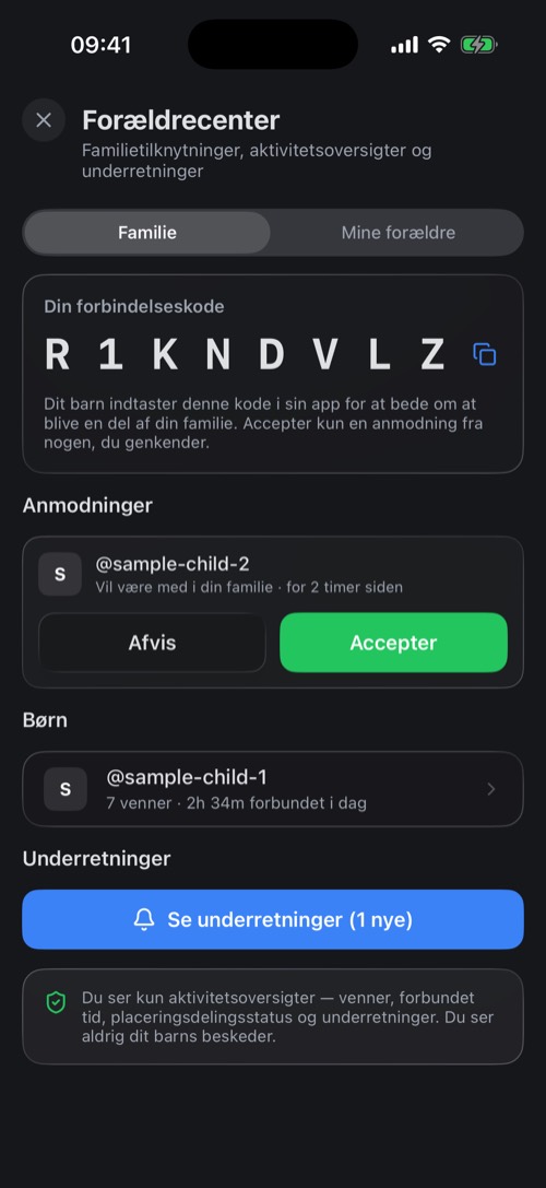 Forældrecenter med en forbindelseskode, en anmodning og et tilknyttet barn