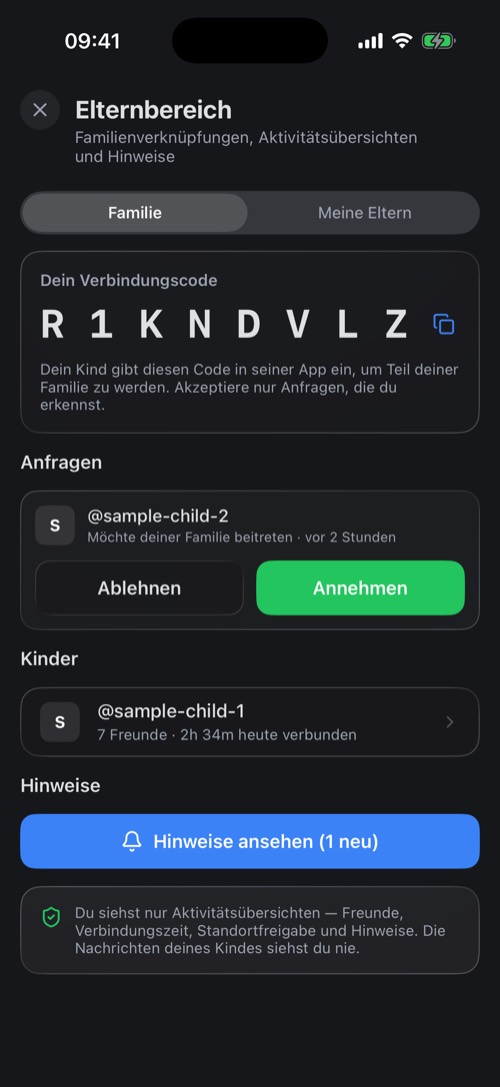 Der Elternbereich mit Verbindungscode, einer Anfrage und einem verknüpften Kind
