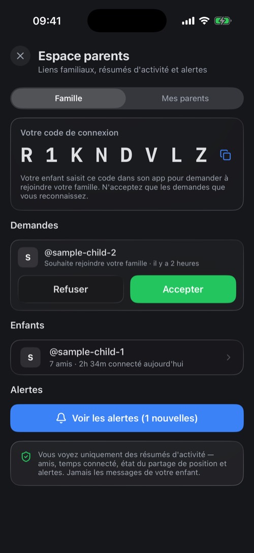 L'Espace parents avec un code de connexion, une demande et un enfant relié