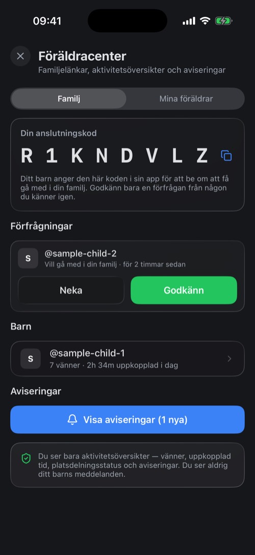 Föräldracenter med en anslutningskod, en förfrågan och ett kopplat barn