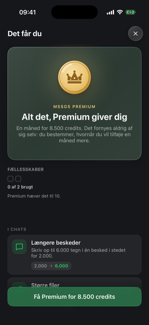 Skærmen Det får du, der forklarer Premium