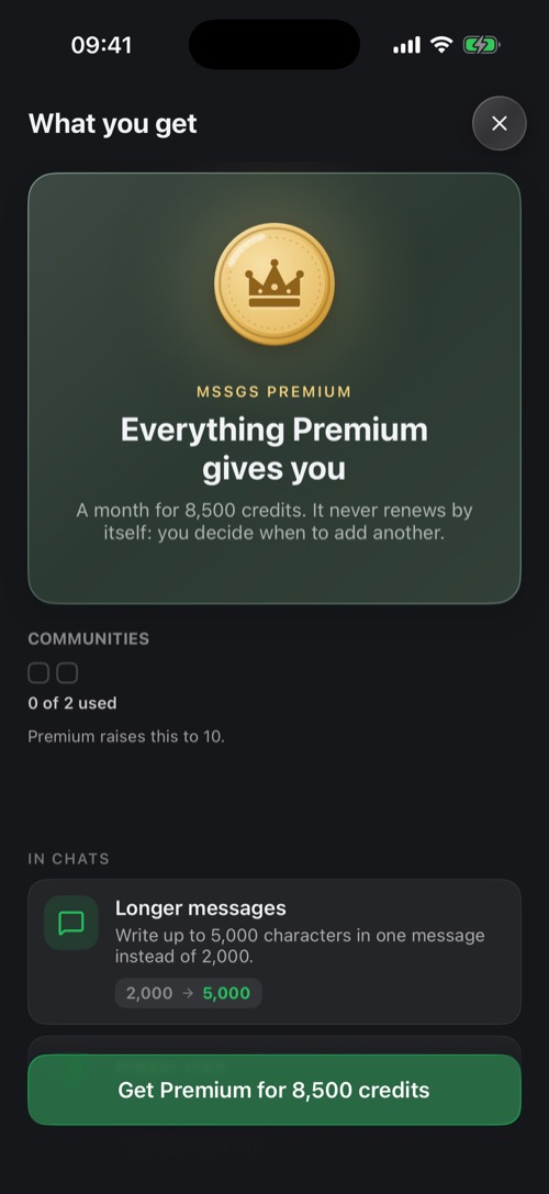 Screenshot of the mssgs app: What you get with Premium