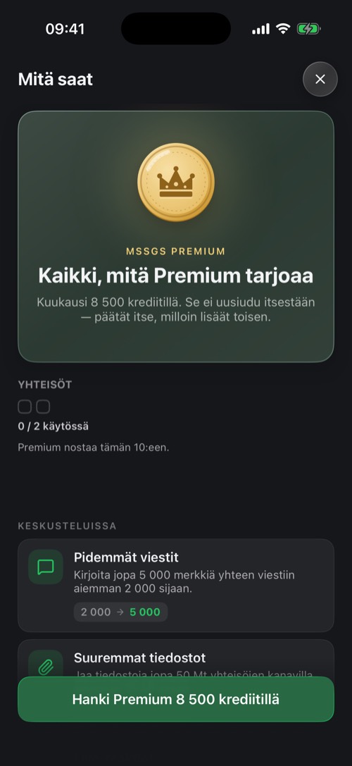 Kuvakaappaus mssgs-sovelluksesta: Mitä saat Premiumilla