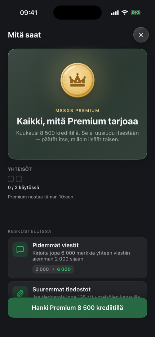 Mitä saat -näkymä, joka esittelee Premiumin