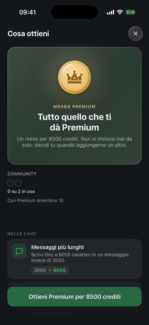 La schermata Cosa ottieni che spiega Premium