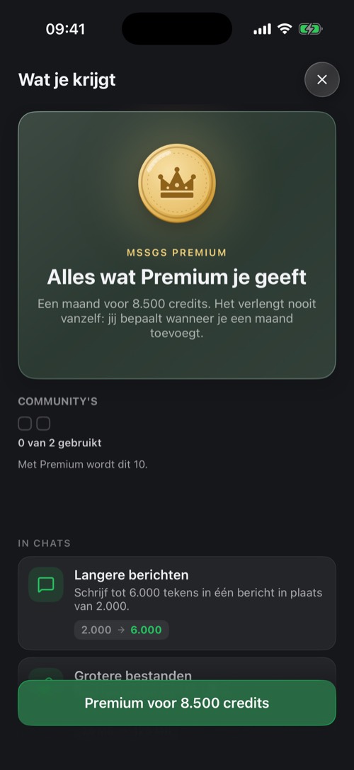 Het scherm Wat je krijgt met uitleg over Premium
