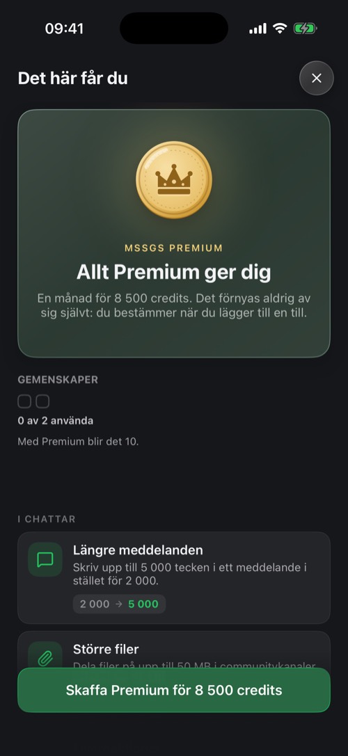 Skärmbild från mssgs-appen: Det här får du med Premium