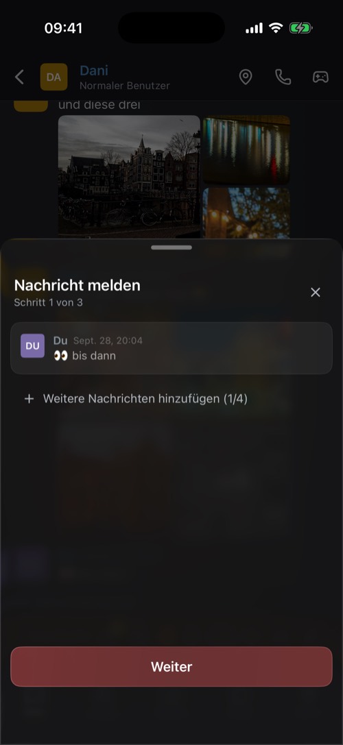 Das Fenster Nachricht melden mit der gemeldeten Nachricht