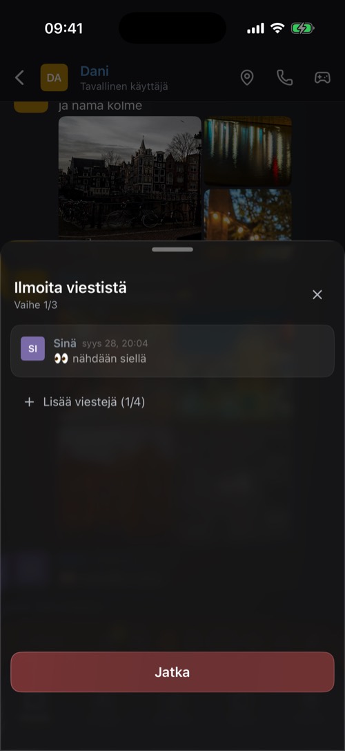 Ilmoita viestistä -näkymä, jossa on ilmoitettava viesti