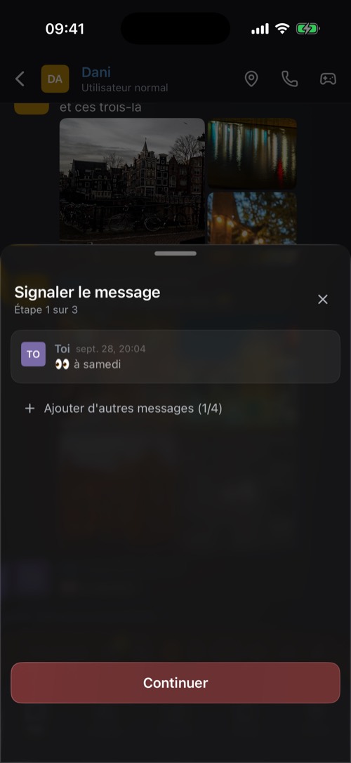 La fiche Signaler le message avec le message à signaler
