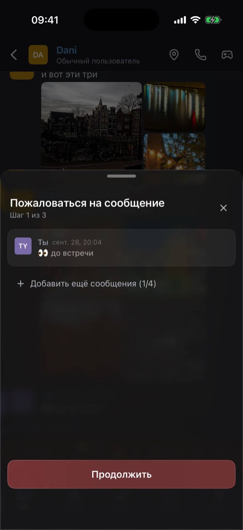 Окно «Пожаловаться на сообщение» с сообщением для жалобы
