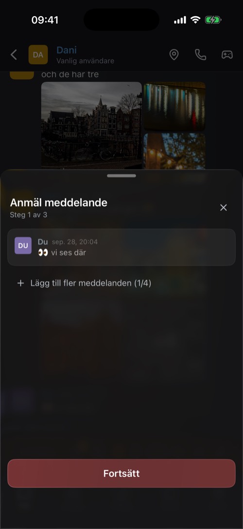 Bladet Anmäl meddelande med meddelandet som ska anmälas