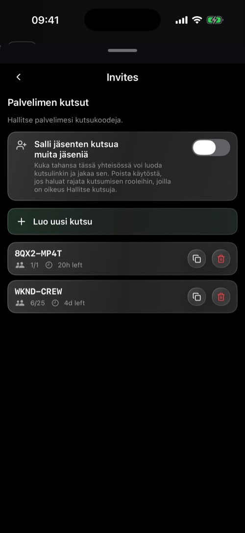 Palvelimen asetusten Invites-osio