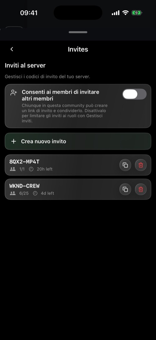 La sezione Invites delle impostazioni del server