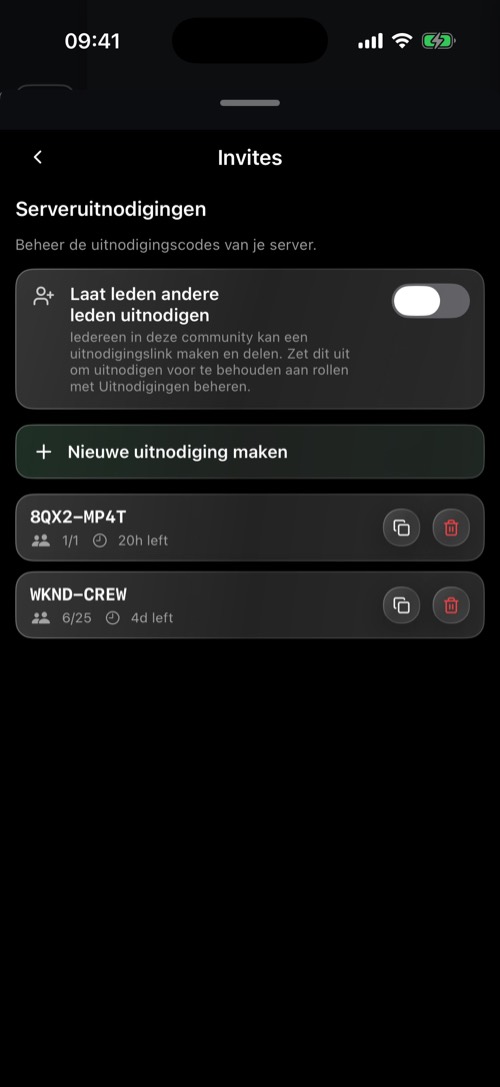 Het onderdeel Invites in de serverinstellingen