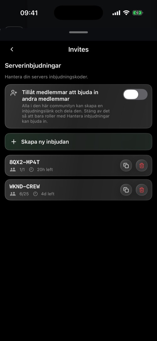 Avsnittet Invites i serverinställningarna