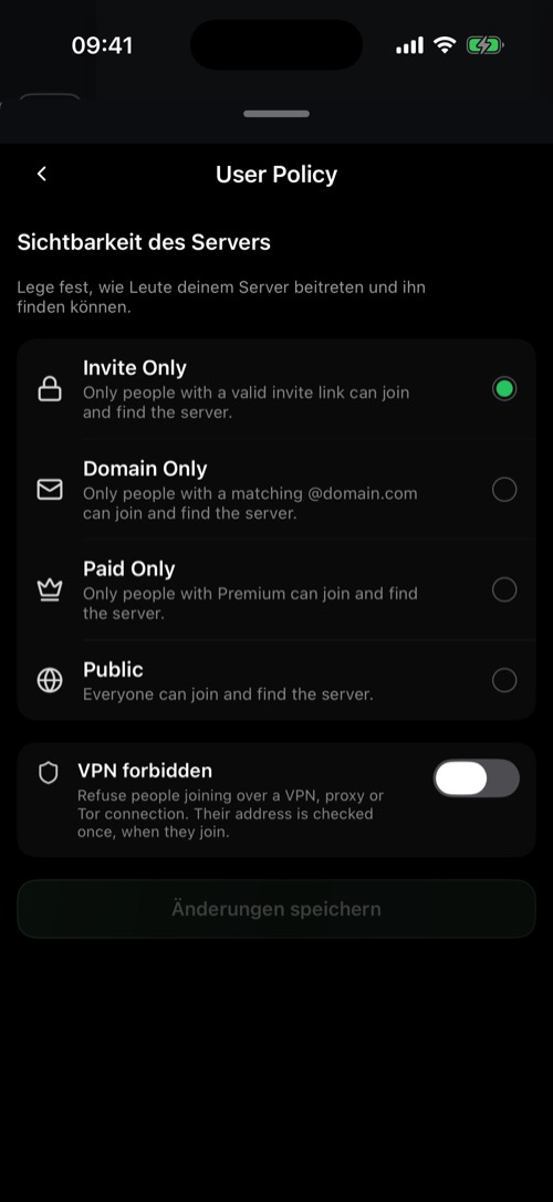 Der Bereich User Policy mit den Optionen zur Sichtbarkeit des Servers
