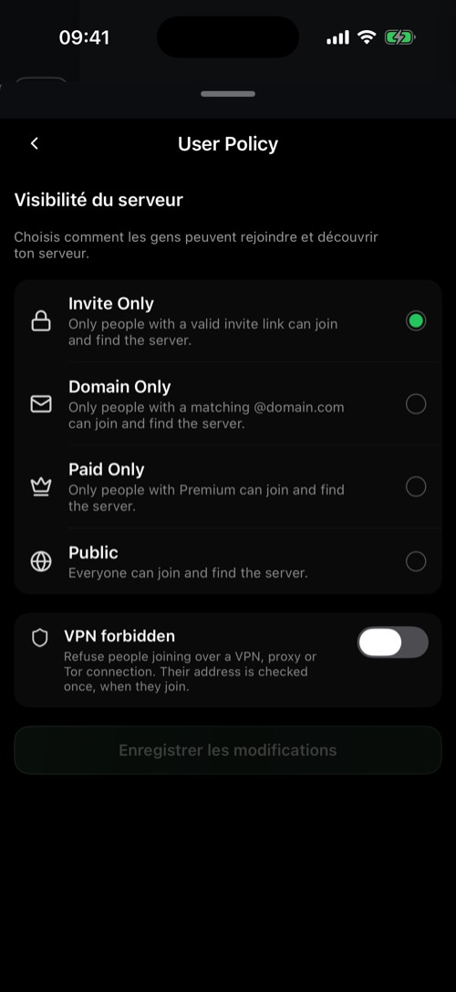 La section User Policy avec les options de visibilité du serveur