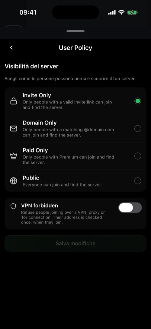 La sezione User Policy con le opzioni di visibilità del server