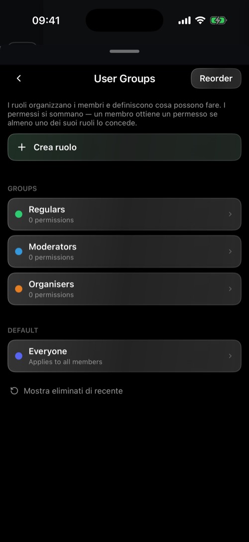 La sezione User Groups con l'elenco dei ruoli e i loro colori
