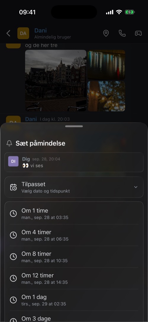 Skærmbillede af mssgs-appen: Sæt påmindelse, fra en besked
