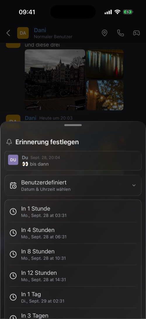 Screenshot der mssgs-App: Erinnerung einstellen, aus einer Nachricht