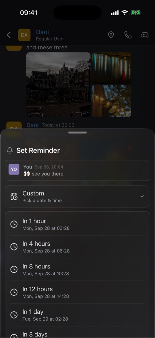 Screenshot of the mssgs app: Set Reminder, from a message