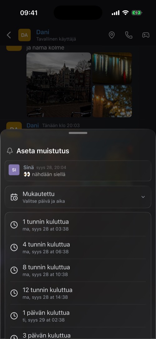Kuvakaappaus mssgs-sovelluksesta: Aseta muistutus, viestin vaihtoehdoista