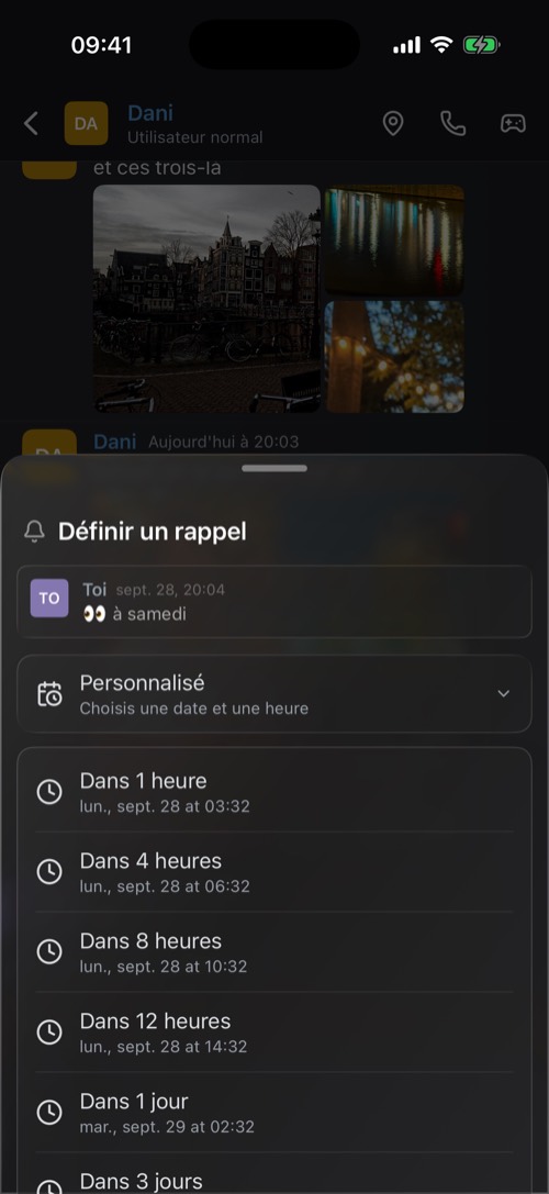 Capture d'écran de l'application mssgs: Définir un rappel, depuis un message