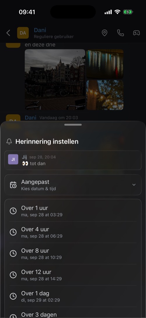 Het venster Herinnering instellen met tijden van een uur tot een week
