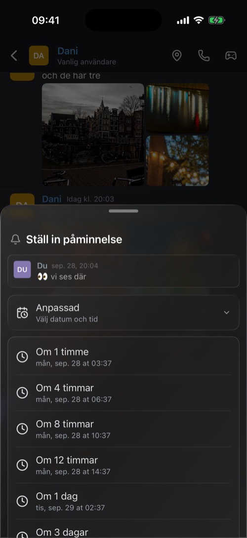 Skärmbild från mssgs-appen: Ställ in påminnelse, från ett meddelande