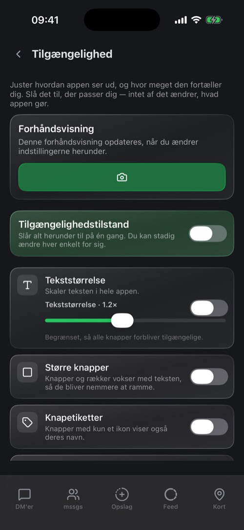 Tilgængelighedsindstillingerne med en live-forhåndsvisning og en skyder til tekststørrelse