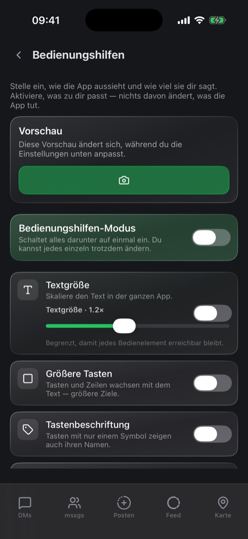 Die Bedienungshilfen mit Live-Vorschau und Regler für die Textgröße