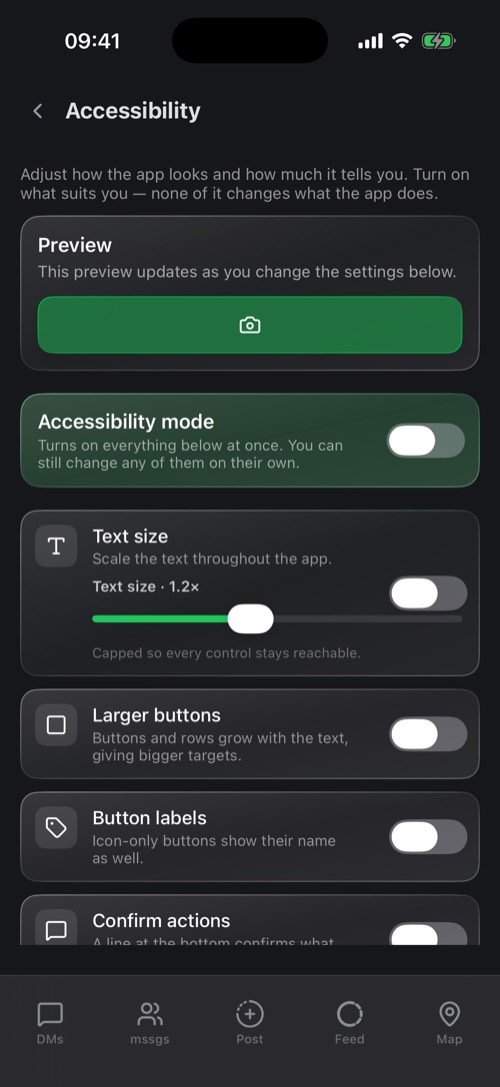 The Accessibility settings with a live preview and text size slider