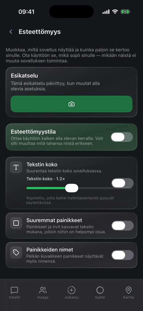 Esteettömyysasetukset, joissa on reaaliaikainen esikatselu ja tekstin koon liukusäädin